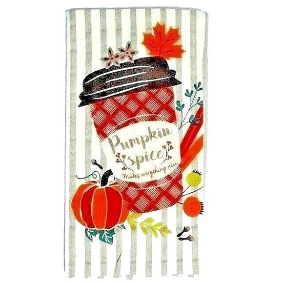 Pumpkin and Spice Kitchen Flour Sack Towels 3-Pc Coffee Cup Cotton Gift NEW - Picture 2 of 6